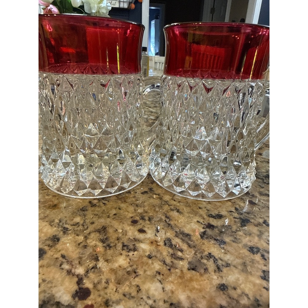 Vintage Ruby Red Flash Rim Diamond Point Pressed Glass Mugs Set of 2 Clear 4.5"